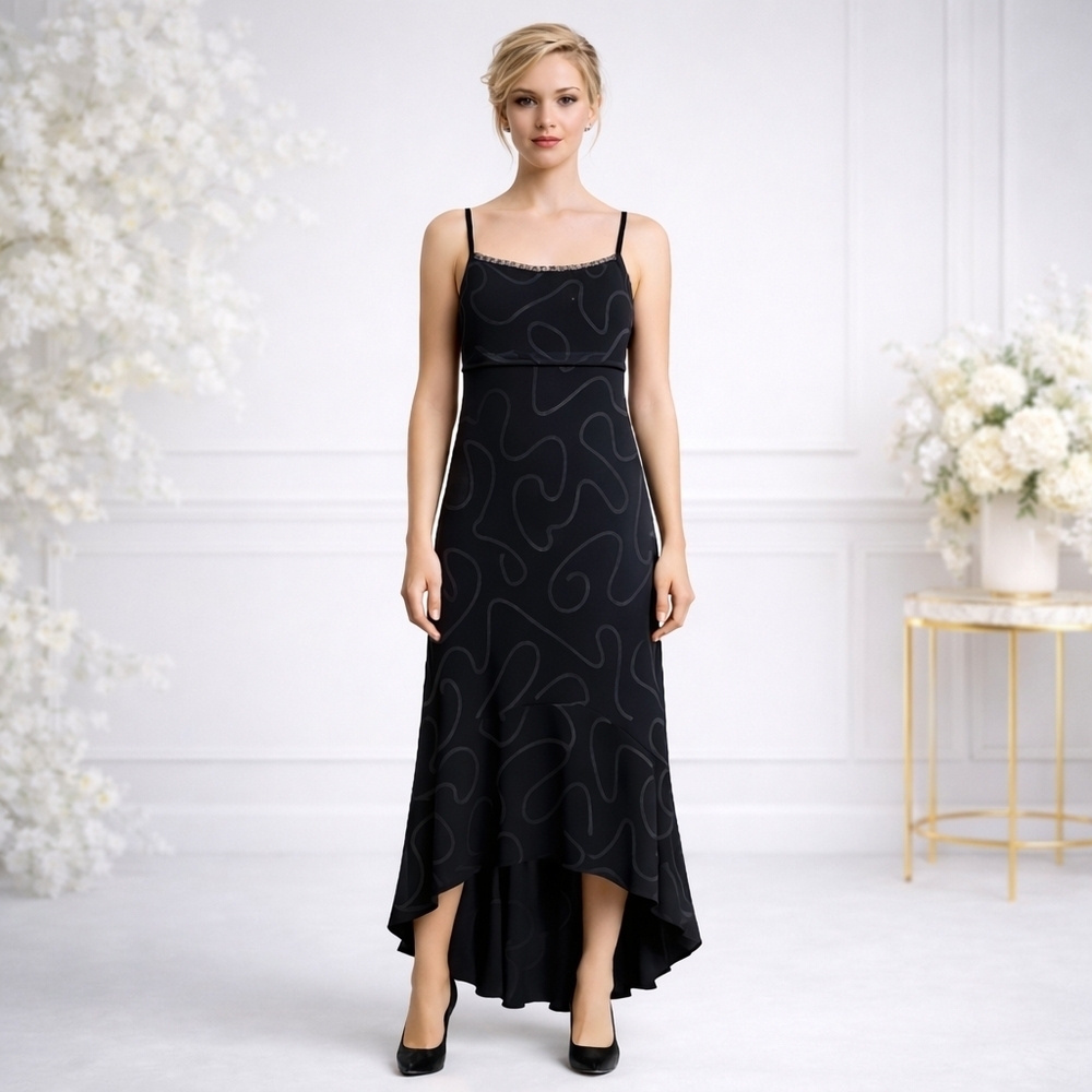 Y2K Andrea Quinn  Black Abstract Design Hi-low Ruffled Hem  Dress - Picture 7 of 7